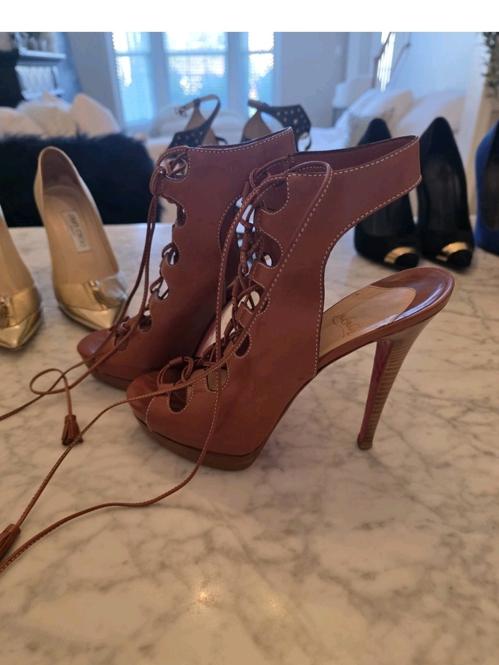 Christian Louboutin Miss Fourtune  Brown Lace Up Open Toe Stiletto  Sandals 39